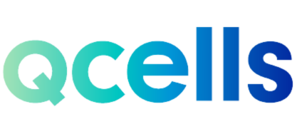 Qcells logo in blue-green gradient text symbolizing advanced solar panels and Kamtech Solar partnership.
