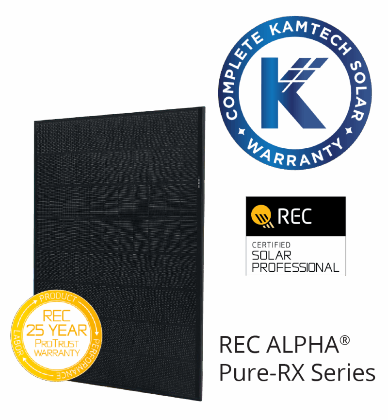 REC Alpha Pure-RX solar panel with Kamtech Solar Complete Warranty and REC Certified badge for premium efficiency and 25-year ProTrust protection. REC Alpha Pure-RX solar panel with Kamtech Solar Complete Warranty and REC Certified badge for premium efficiency and 25-year ProTrust protection.