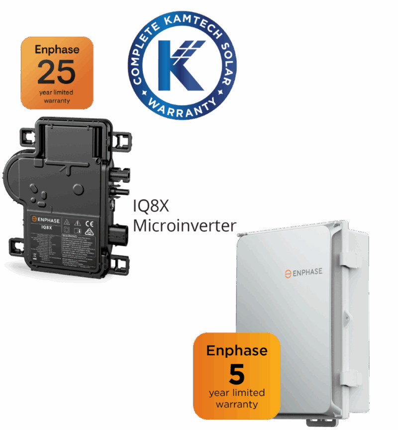 Enphase IQ8X microinverter with Kamtech Solar Complete Warranty offering 25-year microinverter coverage and 5-year system warranty. Enphase IQ8X microinverter with Kamtech Solar Complete Warranty offering 25-year microinverter coverage and 5-year system warranty.