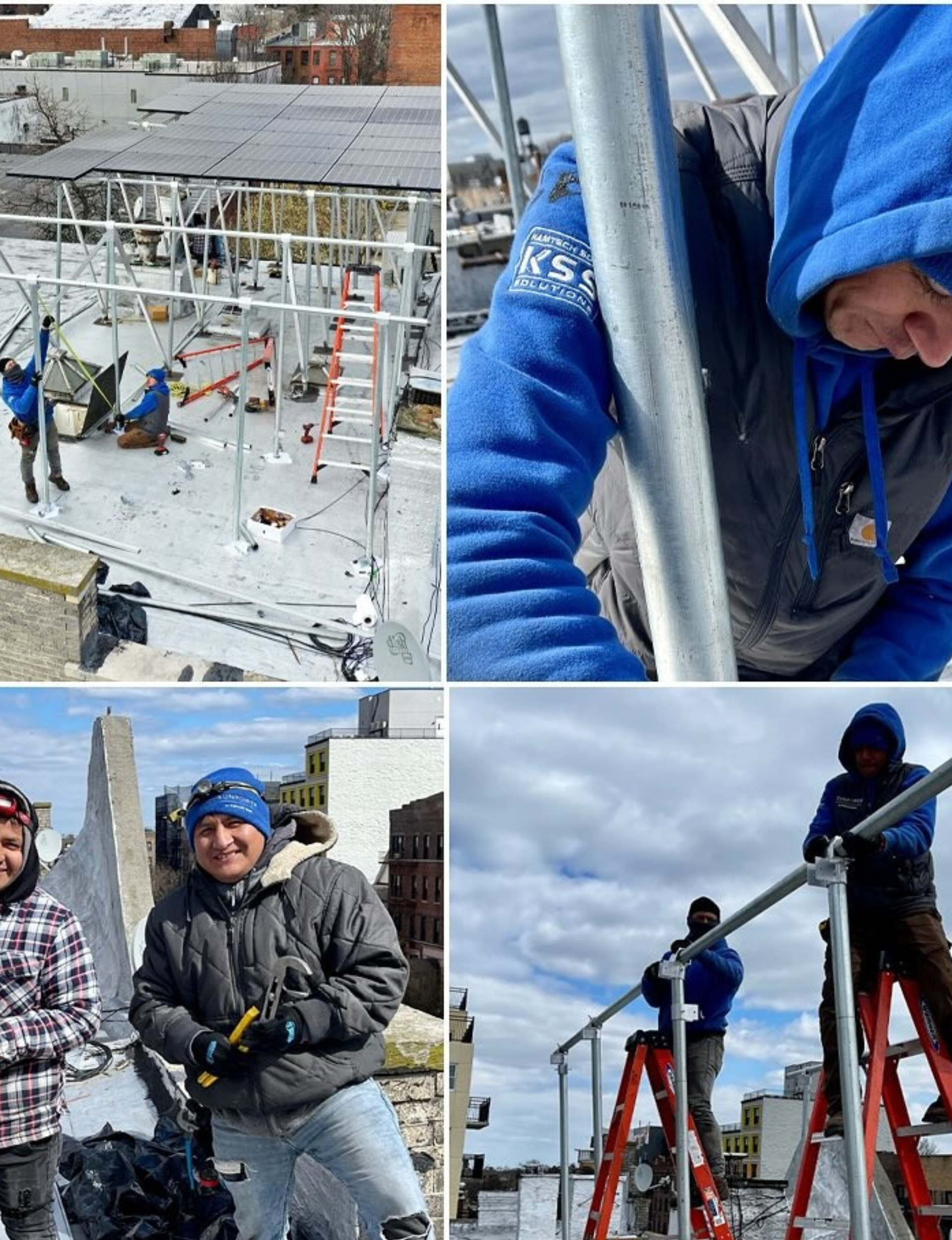 Kamtech Solar team installing rooftop solar panels and framing on a commercial building, showcasing expert solar installation and clean energy solutions.