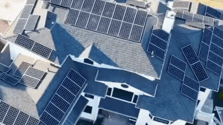 Aerial video of Kamtech Solar residential installation in New York showcasing multiple rooftop solar panels designed for maximum energy efficiency. Kamtech Solar Installation Graphics