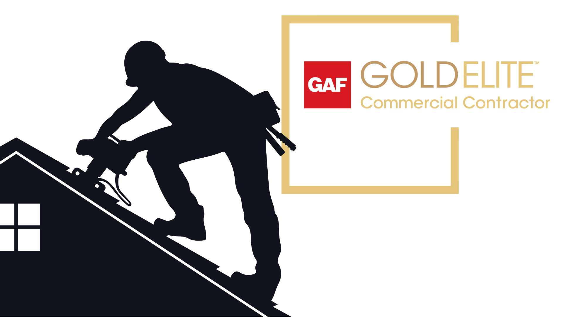 GAF GoldElite Commercial Contractor logo featuring roofer silhouette on building roof, representing certified professional roofing and solar installation excellence with Kamtech Solar.